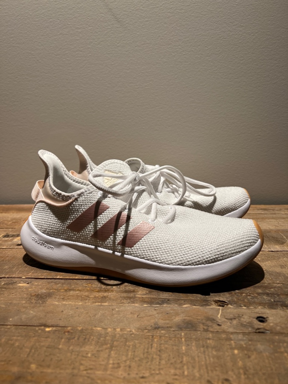 adidas Women’s White Knit Athletic Shoes with Pink Accents